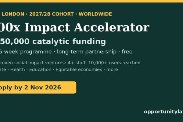 100x Impact Accelerator 2027/28 at LSE: £150,000 catalytic funding for proven social impact ventures worldwide, apply by 2 November 2026