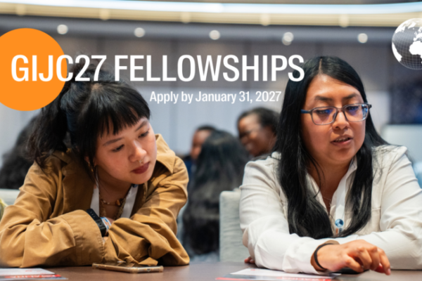 GIJC27 Fellowships 2027 banner showing journalists at a conference