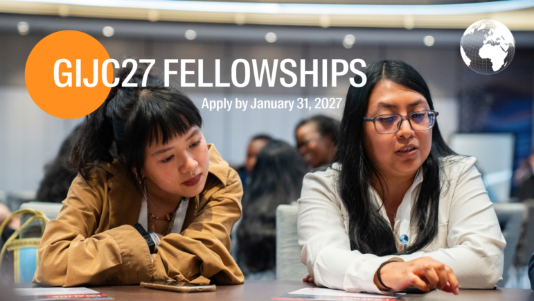 GIJC27 Fellowships 2027 banner showing journalists at a conference