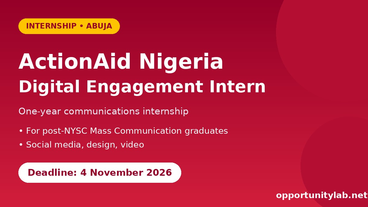 ActionAid Nigeria Digital Engagement Intern 2026 flyer, Abuja, deadline 4 November 2026