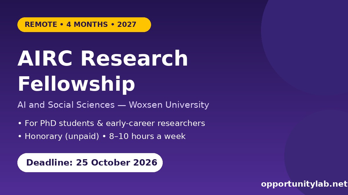 AIRC Non-Resident Research Fellowship in AI and Social Sciences 2027 flyer, deadline 25 October 2026