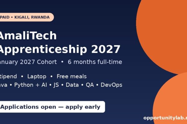 AmaliTech Apprenticeship Programme January 2027 cohort in Kigali, Rwanda, paid six-month tech training with stipend, laptop and meals