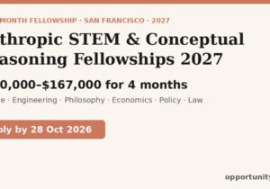 Anthropic STEM and Conceptual Reasoning Fellowships 2027: $100,000–$167,000 for four months, apply by 28 October 2026