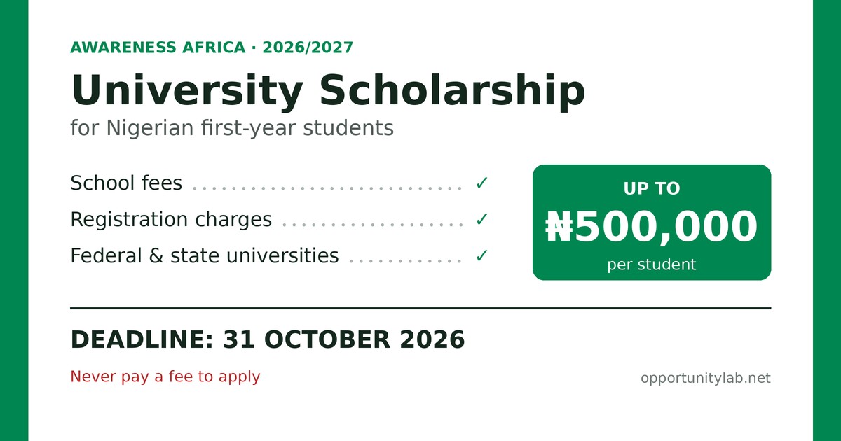 Awareness Africa University Scholarship 2026/2027: up to 500,000 naira for Nigerian first-year students at federal and state universities, deadline 31 October 2026