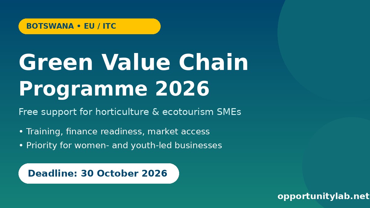 Botswana Green Value Chain Programme 2026 flyer for horticulture and ecotourism SMEs, deadline 30 October 2026