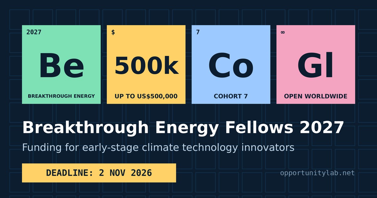 Breakthrough Energy Fellows 2027: up to US$500,000 for early-stage climate technology innovators worldwide, deadline 2 November 2026
