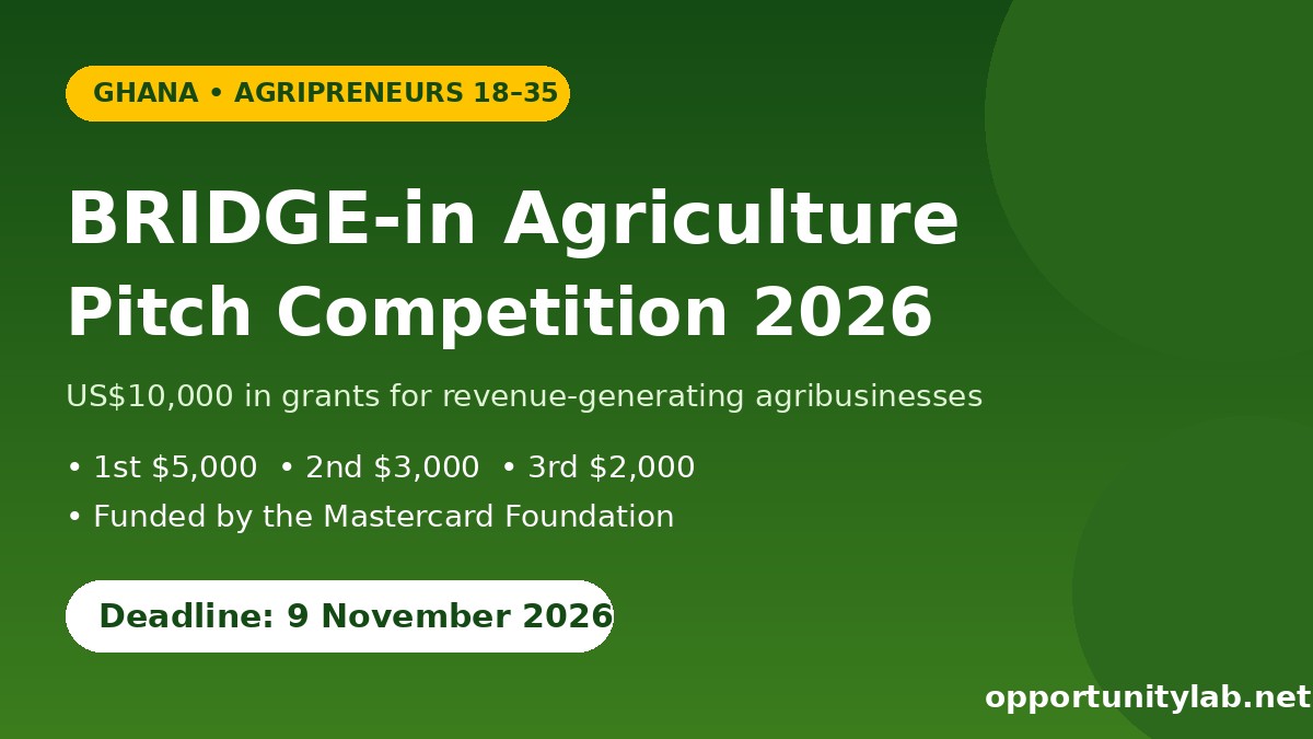 BRIDGE-in Agriculture Pitch Competition 2026 flyer for Ghanaian agripreneurs, deadline 9 November 2026