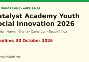 Catalyst Academy Youth Social Innovation Learning Programme 2026, free for ages 18 to 35 in Nigeria, Kenya, Ghana, Cameroon and South Africa, deadline 30 October 2026