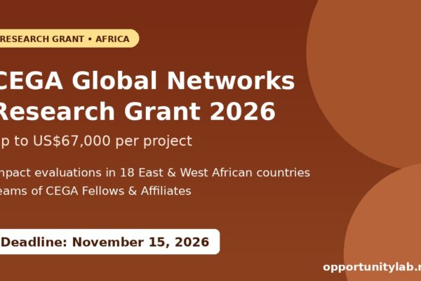 CEGA 2026 Global Networks Research Grant offering up to US$67,000 per project for impact evaluations in Africa, deadline November 15, 2026
