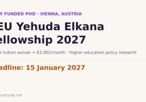 CEU Yehuda Elkana Fellowship 2027, fully funded PhD in higher education policy in Vienna, deadline 15 January 2027