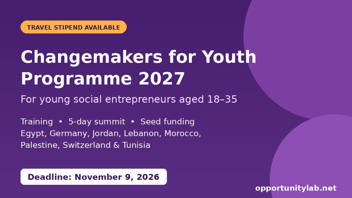 Changemakers for Youth Programme 2027 for young social entrepreneurs aged 18–35, travel stipend available, deadline November 9, 2026