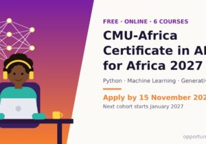 Illustration of a learner with headphones studying AI on a laptop for the CMU-Africa Certificate in AI for Africa 2027