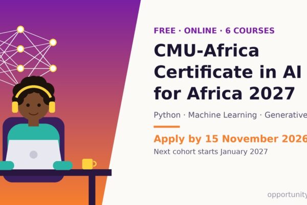 Illustration of a learner with headphones studying AI on a laptop for the CMU-Africa Certificate in AI for Africa 2027