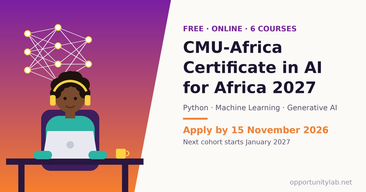 Illustration of a learner with headphones studying AI on a laptop for the CMU-Africa Certificate in AI for Africa 2027