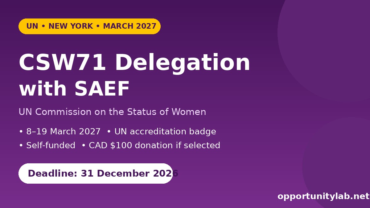 CSW71 SAEF delegation 2027 flyer, UN Commission on the Status of Women, deadline 31 December 2026
