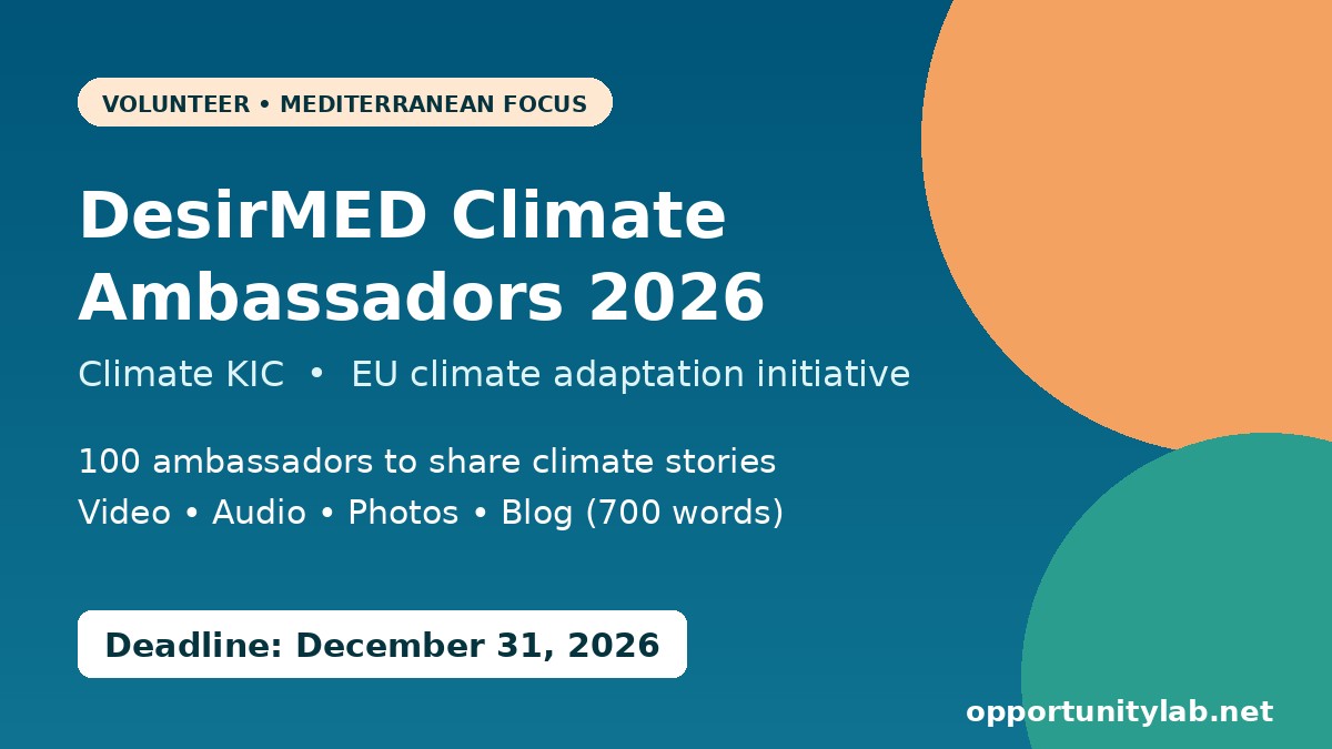 DesirMED Climate Ambassadors 2026 call by Climate KIC for 100 volunteers to share climate action stories, deadline December 31, 2026