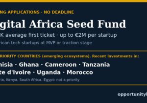Digital Africa Seed Fund: €300K average first ticket, up to €2M per startup, for African tech startups in 20 priority countries including Tunisia, Ghana, Cameroon, Tanzania, Côte d'Ivoire, Uganda and Morocco