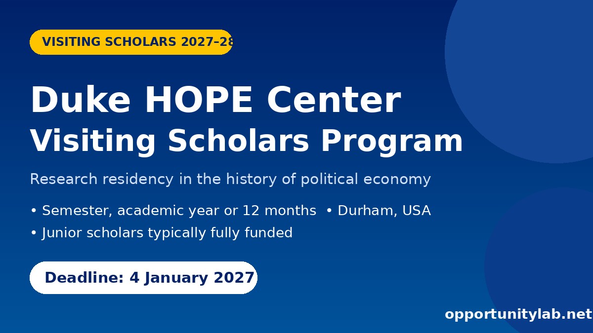 Duke HOPE Center Visiting Scholars Program 2027-2028 flyer, deadline 4 January 2027