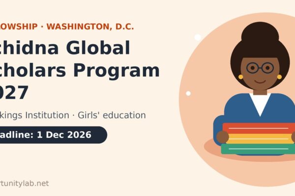 Illustration of a woman scholar holding books for the Echidna Global Scholars Program 2027 at Brookings