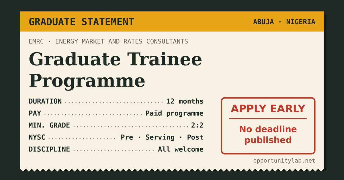 EMRC Graduate Trainee Programme 2026 in Abuja: paid 12-month programme, 2:2 minimum, all disciplines, apply early