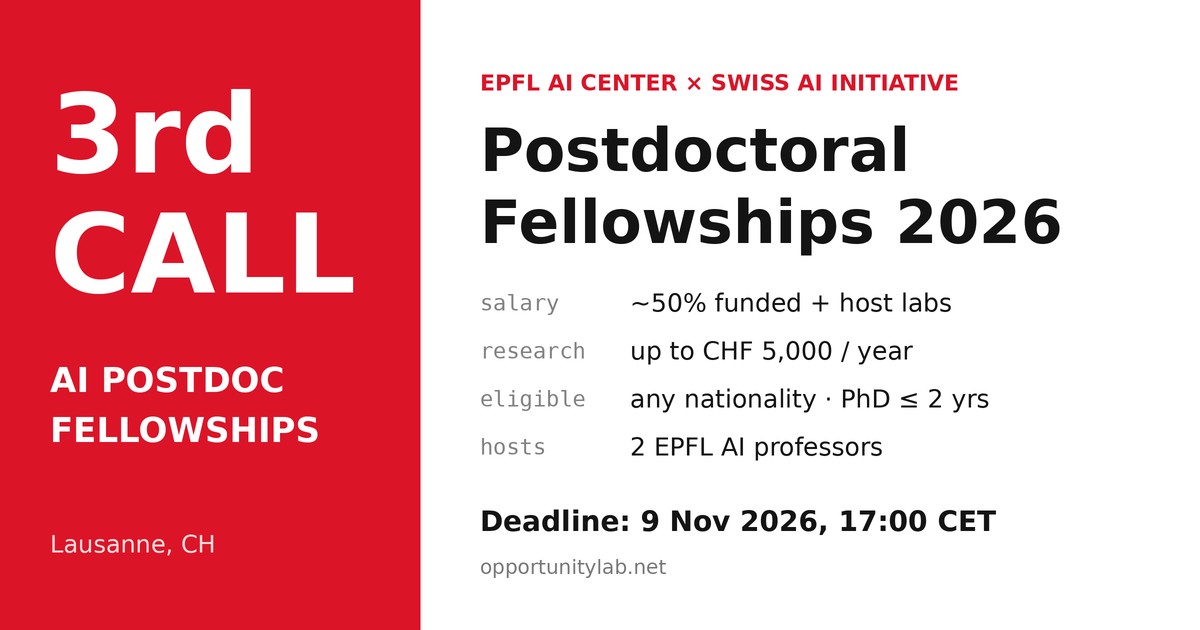 EPFL AI Center and Swiss AI Initiative Postdoctoral Fellowships 2026, third call: open to any nationality, deadline 9 November 2026