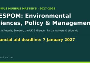 Erasmus Mundus MESPOM master in Environmental Sciences, Policy and Management 2027-2029, financial aid deadline 7 January 2027