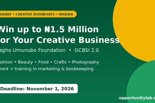 Fegho Umunubo Foundation GCBSI 2.0 grant of up to 1.5 million naira for creative businesses in Nigeria, deadline November 1, 2026