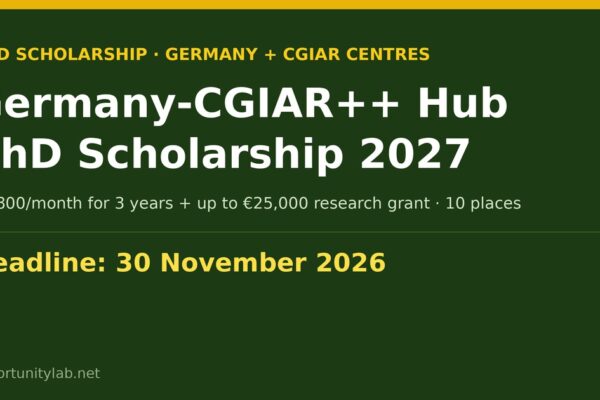 Germany-CGIAR++ Hub PhD Scholarship 2027, 1,800 euros a month for three years, deadline 30 November 2026