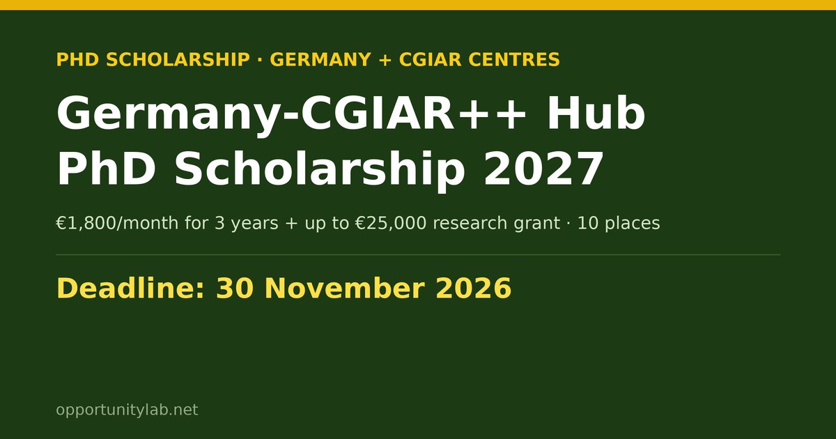 Germany-CGIAR++ Hub PhD Scholarship 2027, 1,800 euros a month for three years, deadline 30 November 2026