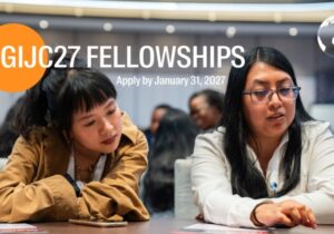 GIJC27 Fellowships 2027 banner showing journalists at a conference