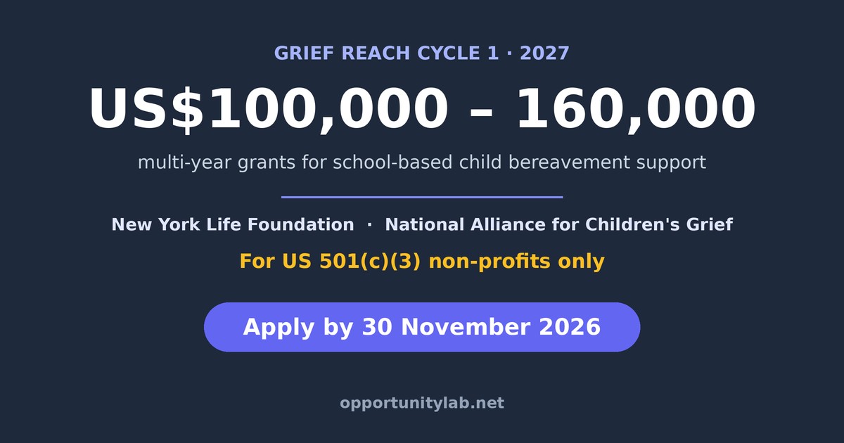 Grief Reach 2027, multi-year grants of US$100,000 to 160,000 for school-based child bereavement support, for US 501(c)(3) non-profits only, apply by 30 November 2026