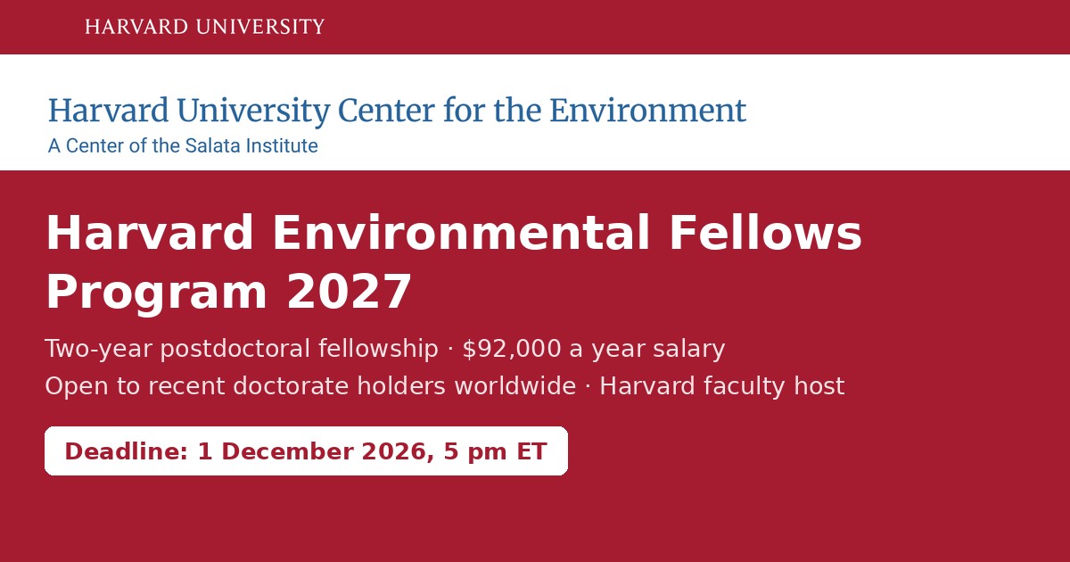 Harvard Environmental Fellows Program 2027, deadline 1 December 2026