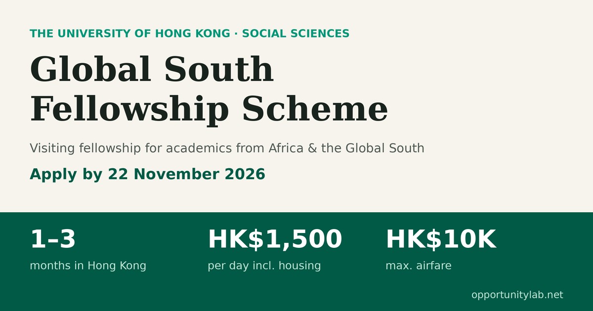 HKU Social Sciences Global South Fellowship Scheme: 1 to 3 months in Hong Kong, HK$1,500 per day and airfare, apply by 22 November 2026