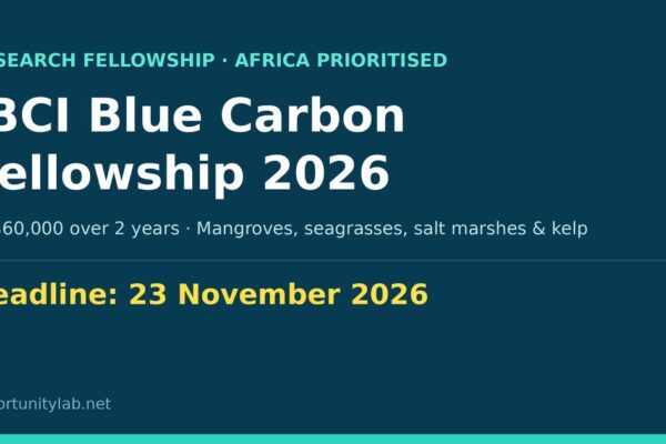 IBCI Blue Carbon Fellowship 2026, US$60,000 over two years, applicants from Africa prioritised, deadline 23 November 2026