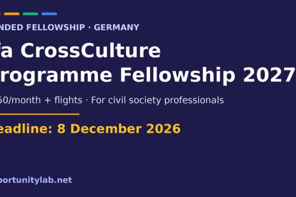 ifa CrossCulture Programme Fellowship 2027 in Germany with a 650 euro monthly stipend and flights for civil society professionals, deadline 8 December 2026