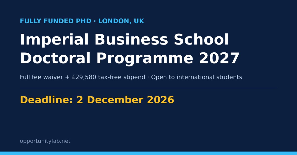 Imperial Business School fully funded Doctoral Programme 2027 in London, deadline 2 December 2026