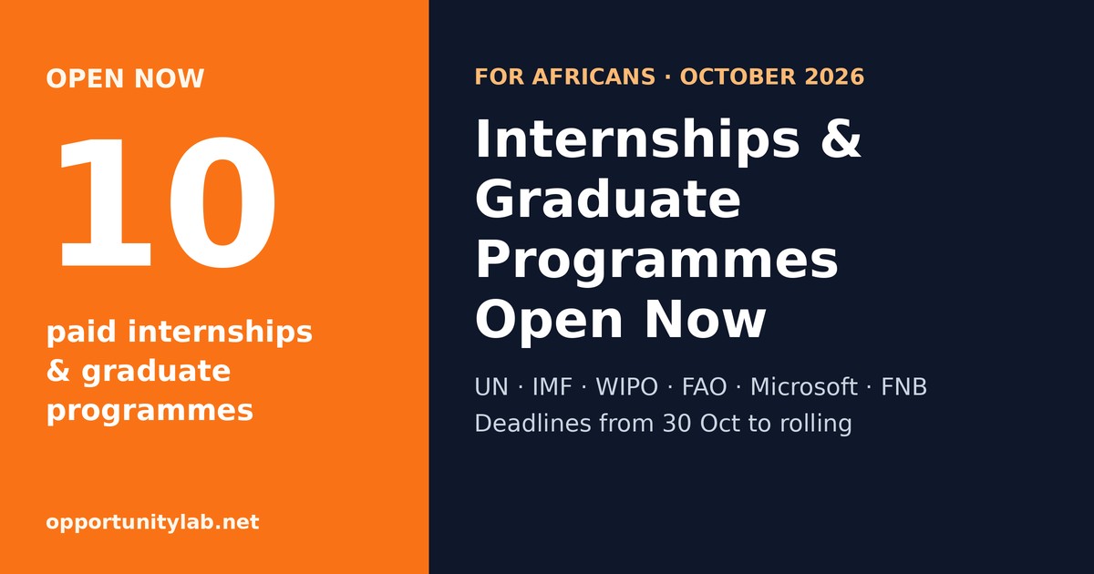10 paid internships and graduate programmes open now for Africans, October 2026, including UN, IMF, WIPO, FAO, Microsoft and FNB