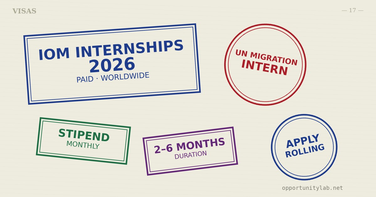 Passport visa page with stamps reading IOM Internships 2026, UN Migration intern, monthly stipend, 2–6 months