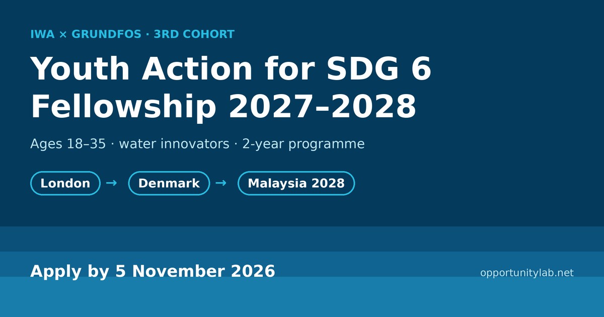 IWA and Grundfos Youth Action for SDG 6 Fellowship 2027-2028 for water innovators aged 18 to 35, with trips to London, Denmark and Malaysia, apply by 5 November 2026