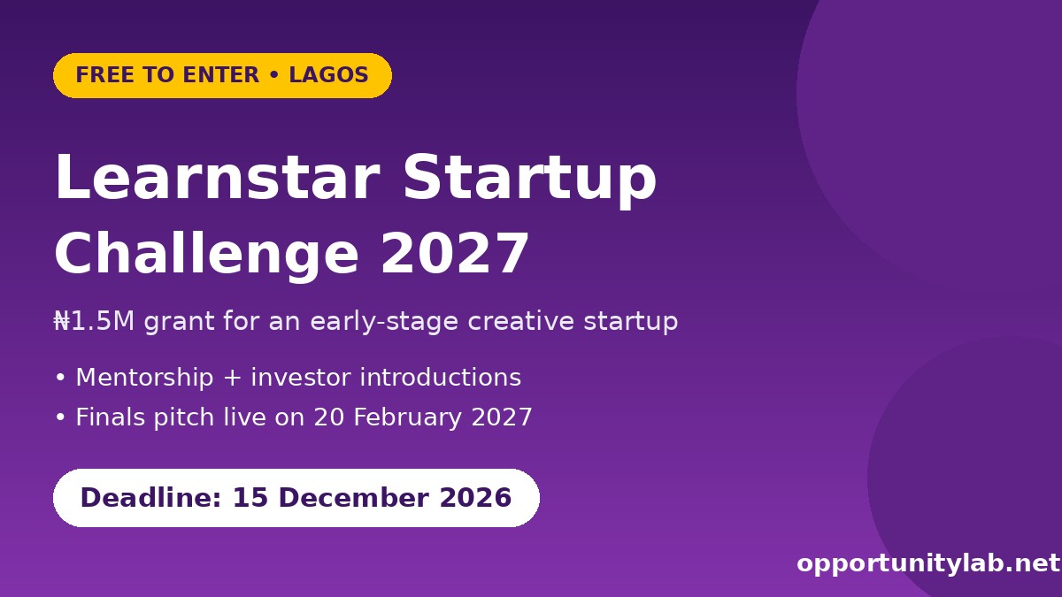 Learnstar Startup Challenge 2027 flyer, 1.5 million naira grant, deadline 15 December 2026
