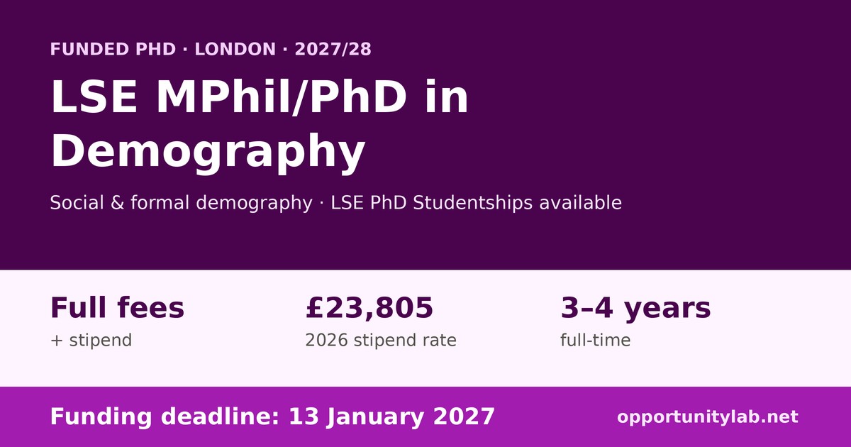 LSE MPhil/PhD in Demography 2027/28 in London, with LSE PhD Studentships covering full fees and a stipend, funding deadline 13 January 2027