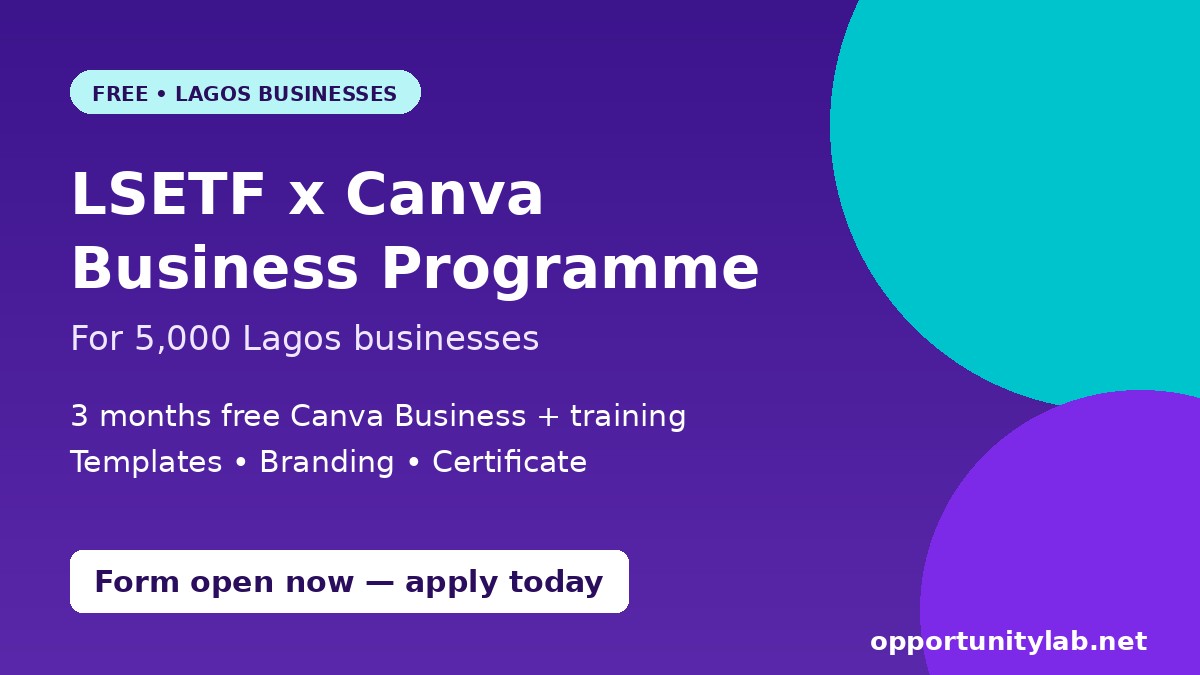 LSETF x Canva Business Programme 2026 offering 5,000 Lagos businesses free Canva Business access and training