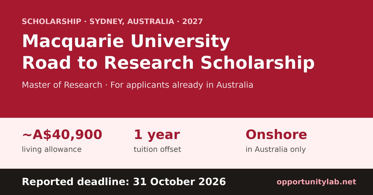 Macquarie University Road to Research Scholarship 2027 in Sydney, about A$40,900 living allowance and one year tuition offset for applicants already in Australia, reported deadline 31 October 2026