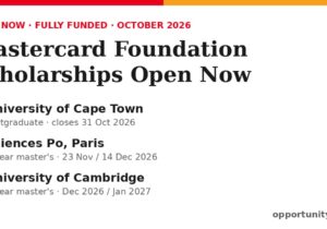 Mastercard Foundation Scholarships open now: University of Cape Town (closes 31 Oct 2026), Sciences Po (23 Nov / 14 Dec 2026), University of Cambridge (Dec 2026 / Jan 2027)