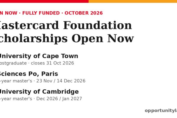 Mastercard Foundation Scholarships open now: University of Cape Town (closes 31 Oct 2026), Sciences Po (23 Nov / 14 Dec 2026), University of Cambridge (Dec 2026 / Jan 2027)