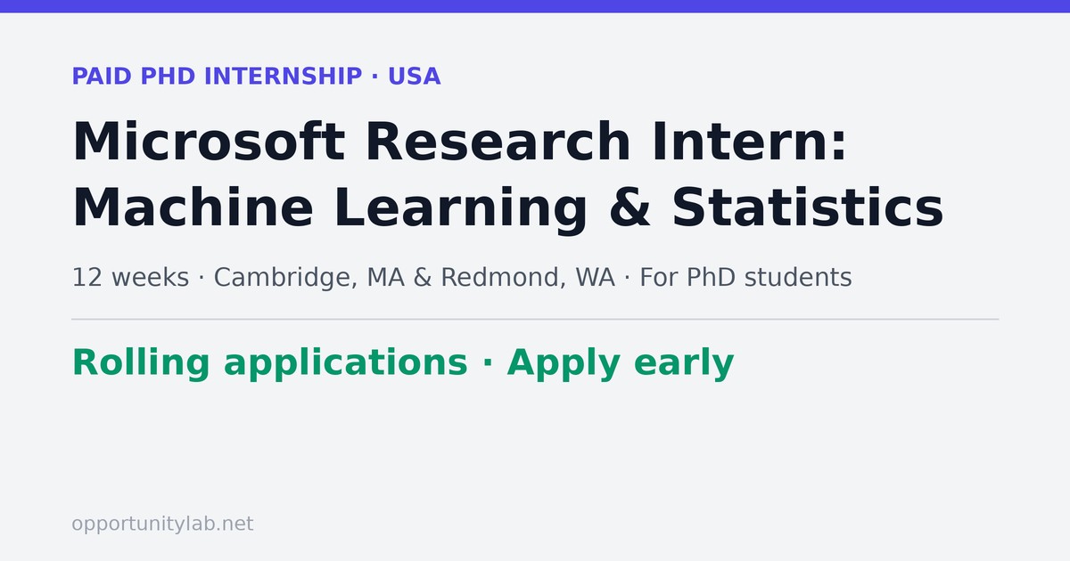 Microsoft Research Intern in Machine Learning and Statistics, paid 12-week PhD internship in the USA