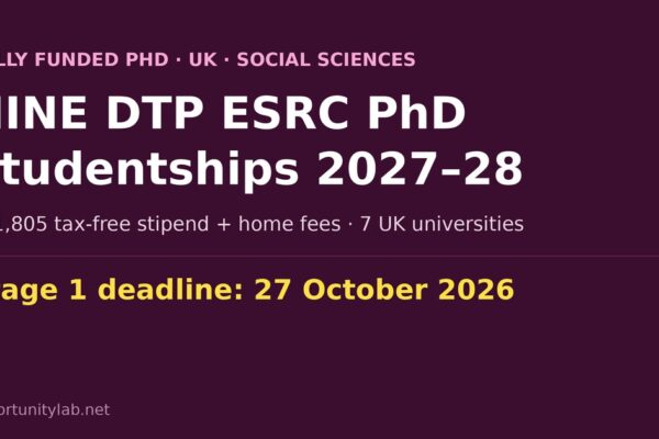 NINE DTP ESRC fully funded PhD studentships 2027-28 in the UK, Stage 1 deadline 27 October 2026