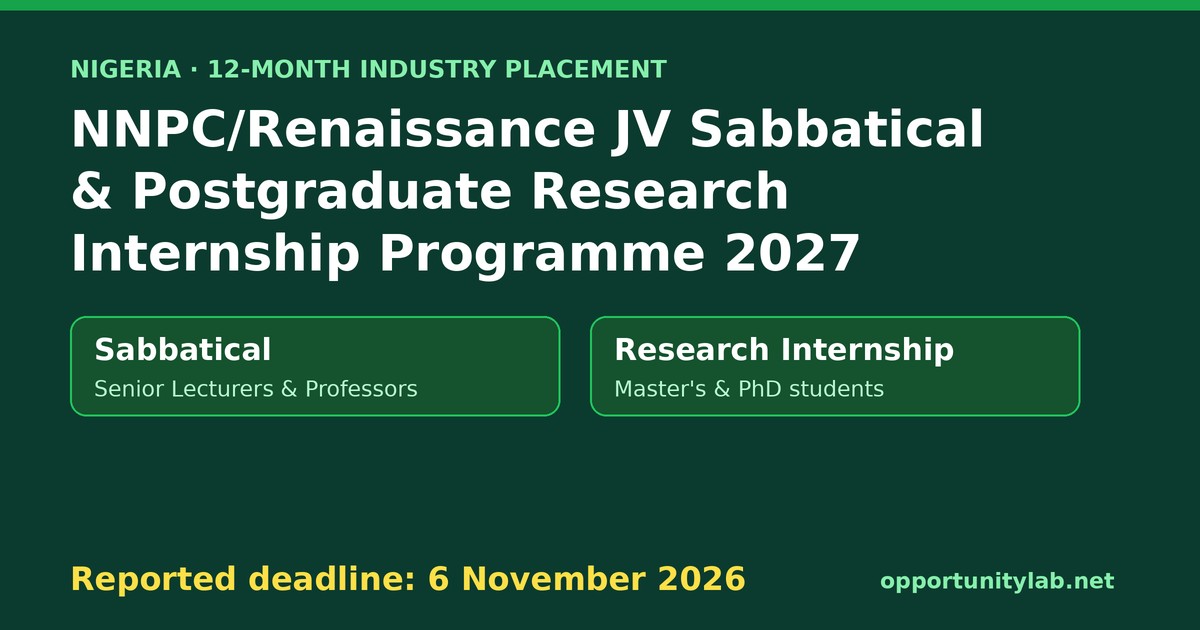 NNPC/Renaissance JV Sabbatical and Postgraduate Research Internship Programme 2027, a 12-month placement for Nigerian senior lecturers, professors and master or PhD students, reported deadline 6 November 2026
