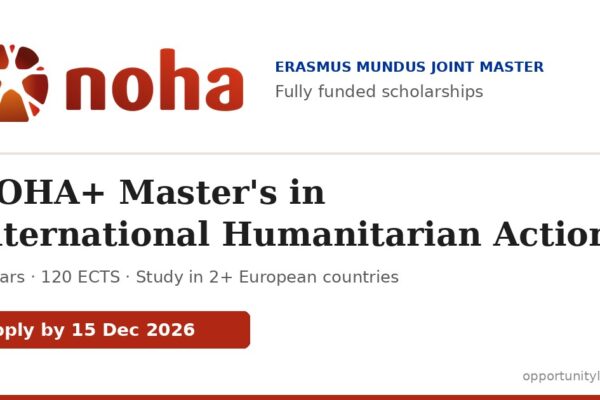NOHA+ Erasmus Mundus Joint Master's in International Humanitarian Action: fully funded scholarships, apply by 15 December 2026