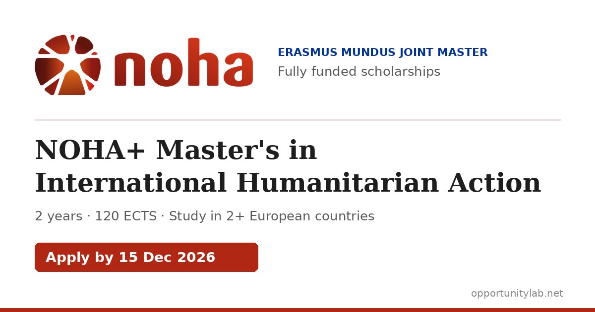 NOHA+ Erasmus Mundus Joint Master's in International Humanitarian Action: fully funded scholarships, apply by 15 December 2026